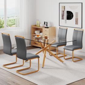 A table with four chairs. Glass dining table with 0.39 "tempered glass tabletop and wooden metal legs. PU leather high backrest cushioned side chair w (Color: as Pic)